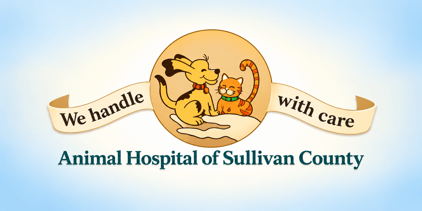 Logo of Animal Hospital of Sullivan County featuring a dog and cat with a caring hand