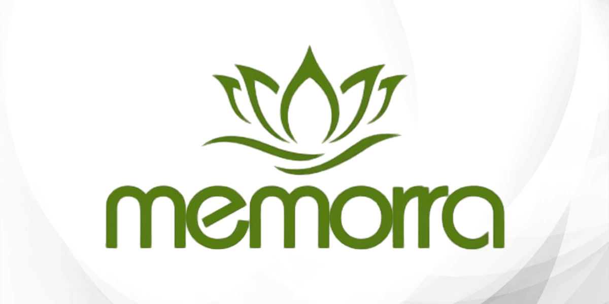 Green logo design featuring a lotus flower and the word "memorra" below it