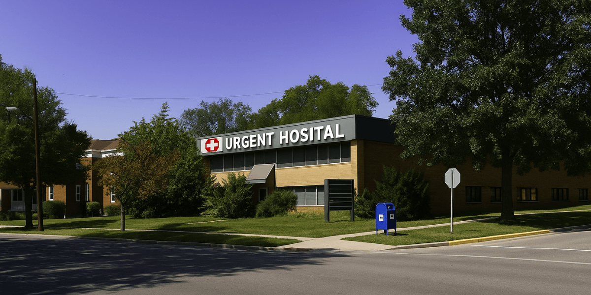 "Urgent care hospital building with clear signage offering immediate medical services, highlighting accessibility, health support, and emergency care."