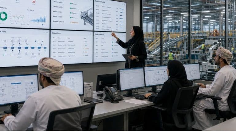 Professionals monitoring factory operations with digital dashboards in an advanced industrial control room.