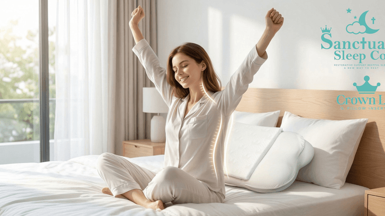 Danielle Canter showcasing Sanctuary Sleep Crown Lift pillow insert, highlighting innovative sleep support system designed to improve neck alignment and comfort.
