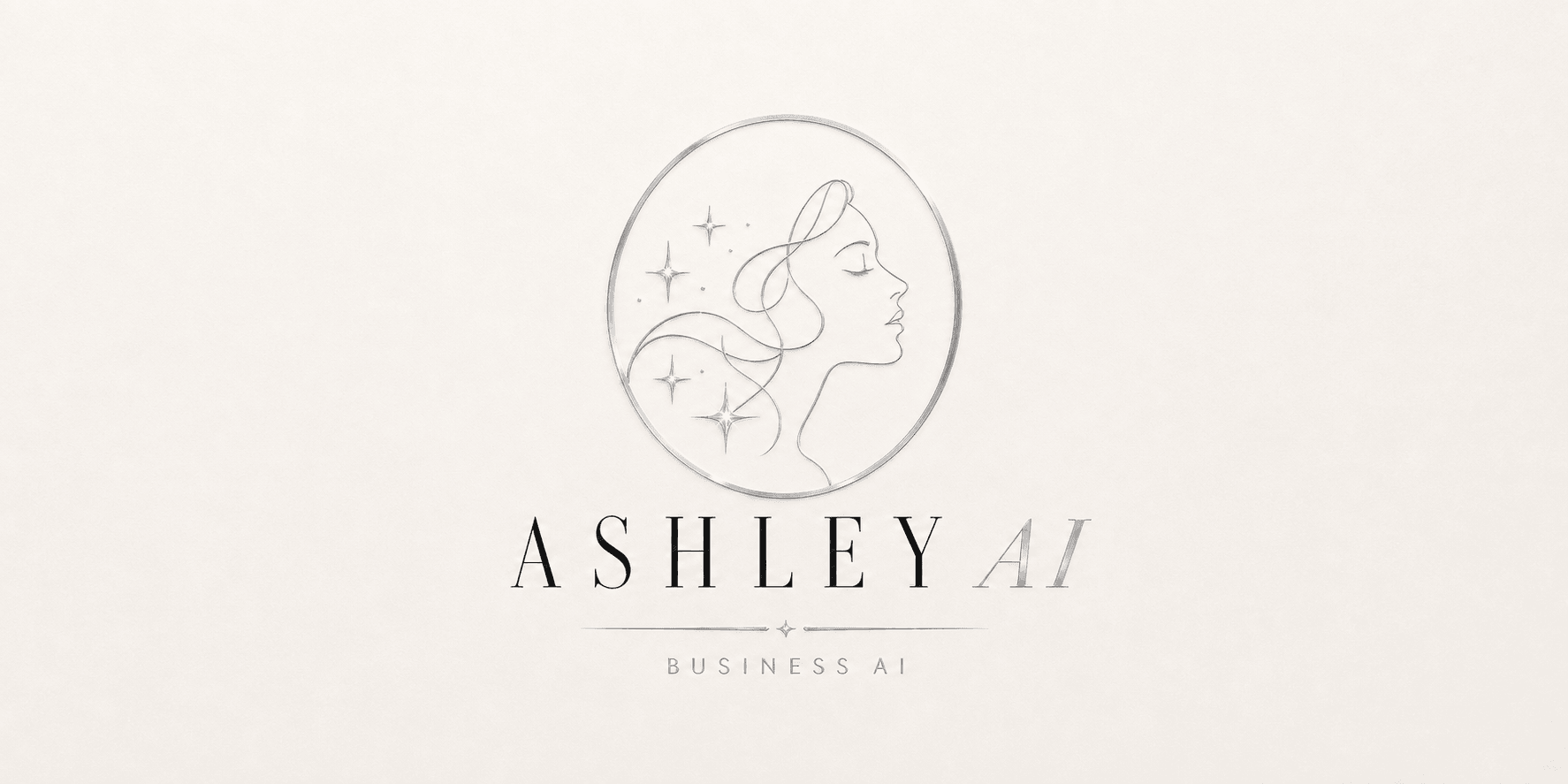 Elegant logo featuring a woman's profile with "ASHLEY AI" and "BUSINESS AI" text