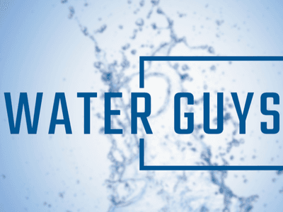 Blue background with splashes of water and the text "WATER GUYS" in bold letters