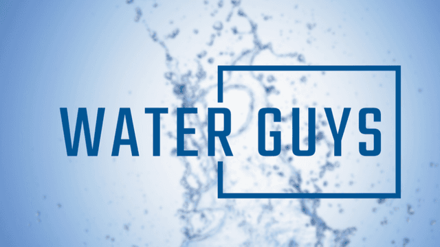 Blue background with splashes of water and the text "WATER GUYS" in bold letters