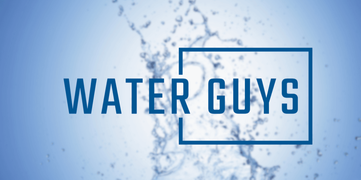 Blue background with splashes of water and the text "WATER GUYS" in bold letters