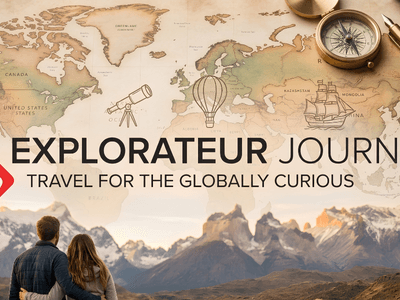 A vintage world map with travel-themed elements and a couple gazing at mountains