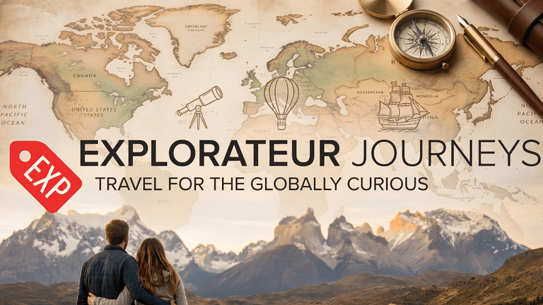 A vintage world map with travel-themed elements and a couple gazing at mountains