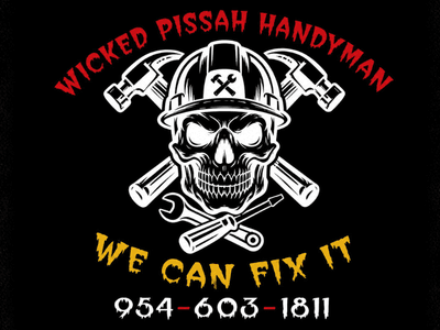 Logo featuring a skull in a hard hat with tools and text for a handyman service