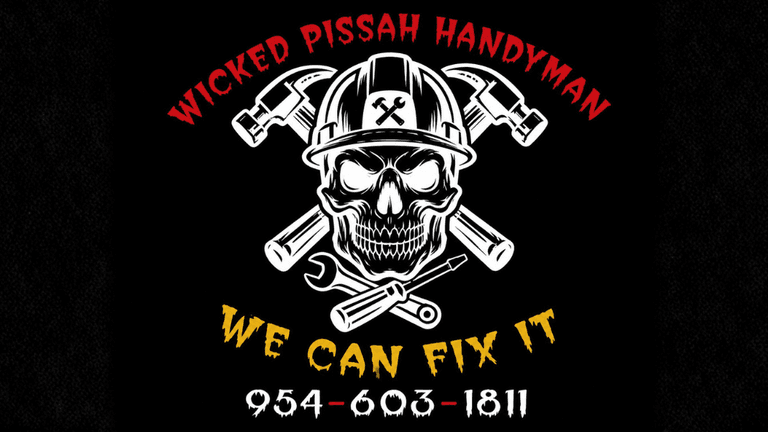 Logo featuring a skull in a hard hat with tools and text for a handyman service