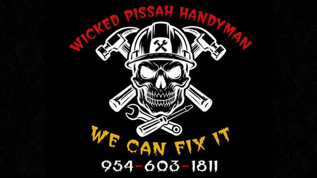 Logo featuring a skull in a hard hat with tools and text for a handyman service