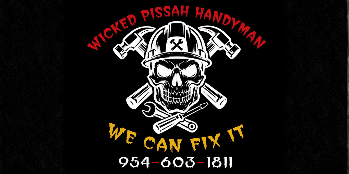 Logo featuring a skull in a hard hat with tools and text for a handyman service