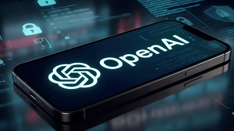 Smartphone displaying OpenAI logo with digital security icons in the background