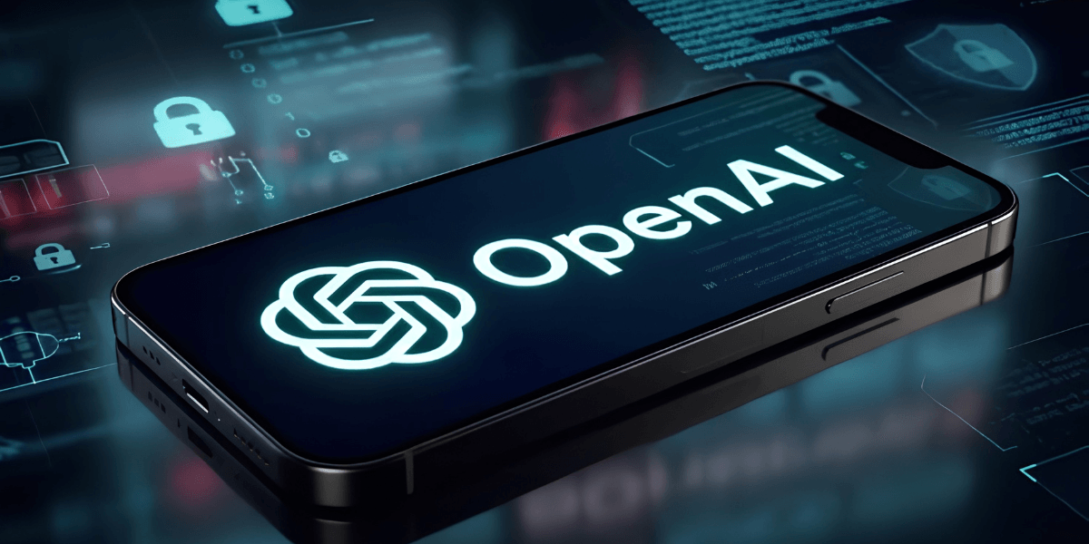 Smartphone displaying OpenAI logo with digital security icons in the background