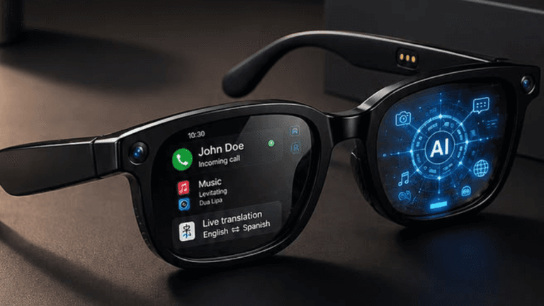 Smart glasses displaying notifications for calls, music, and live translation features