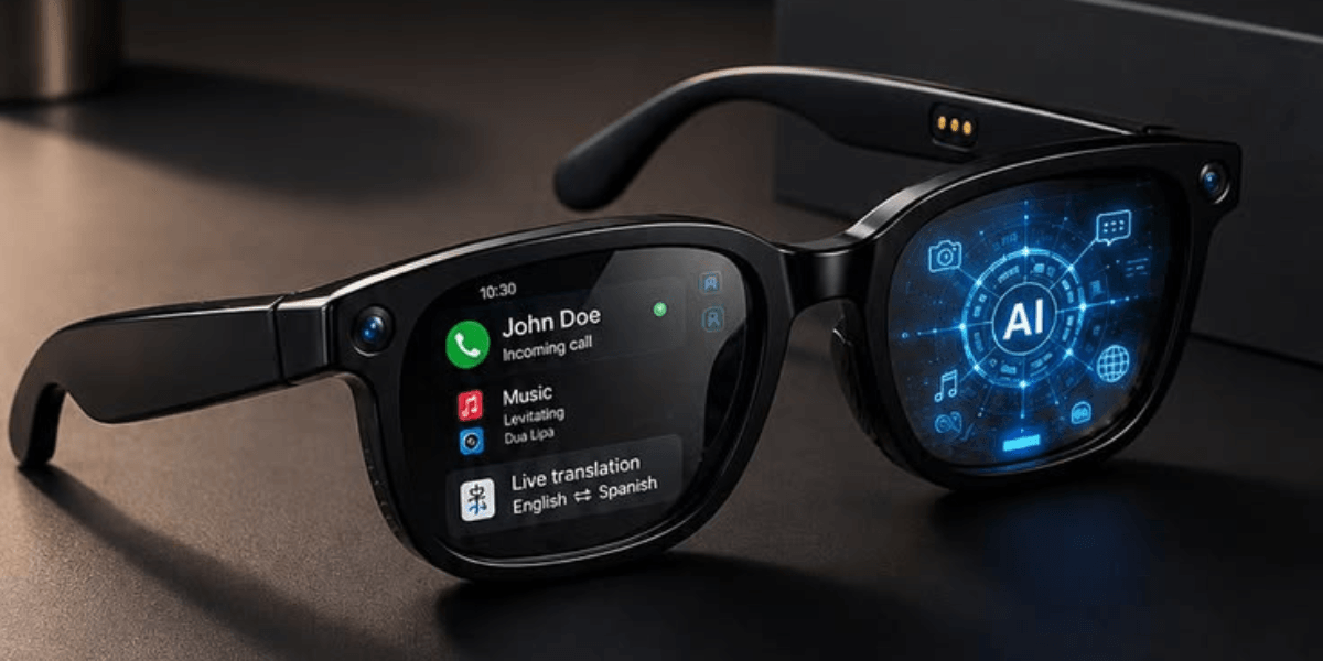 Smart glasses displaying notifications for calls, music, and live translation features