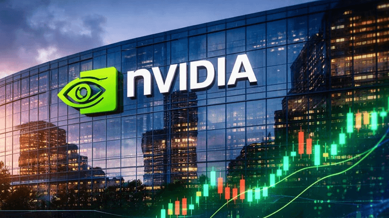 NVIDIA logo on a modern building with stock market graph in the foreground