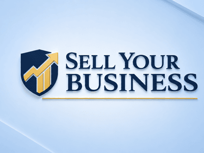 Logo for "Sell Your Business" featuring a shield and upward graph arrow design