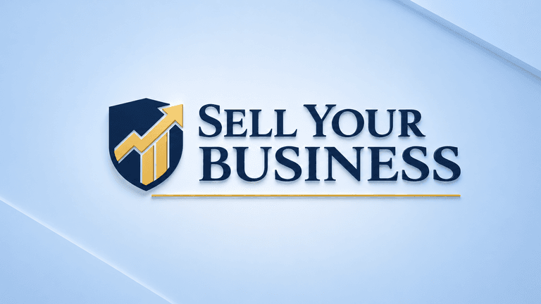 Logo for "Sell Your Business" featuring a shield and upward graph arrow design