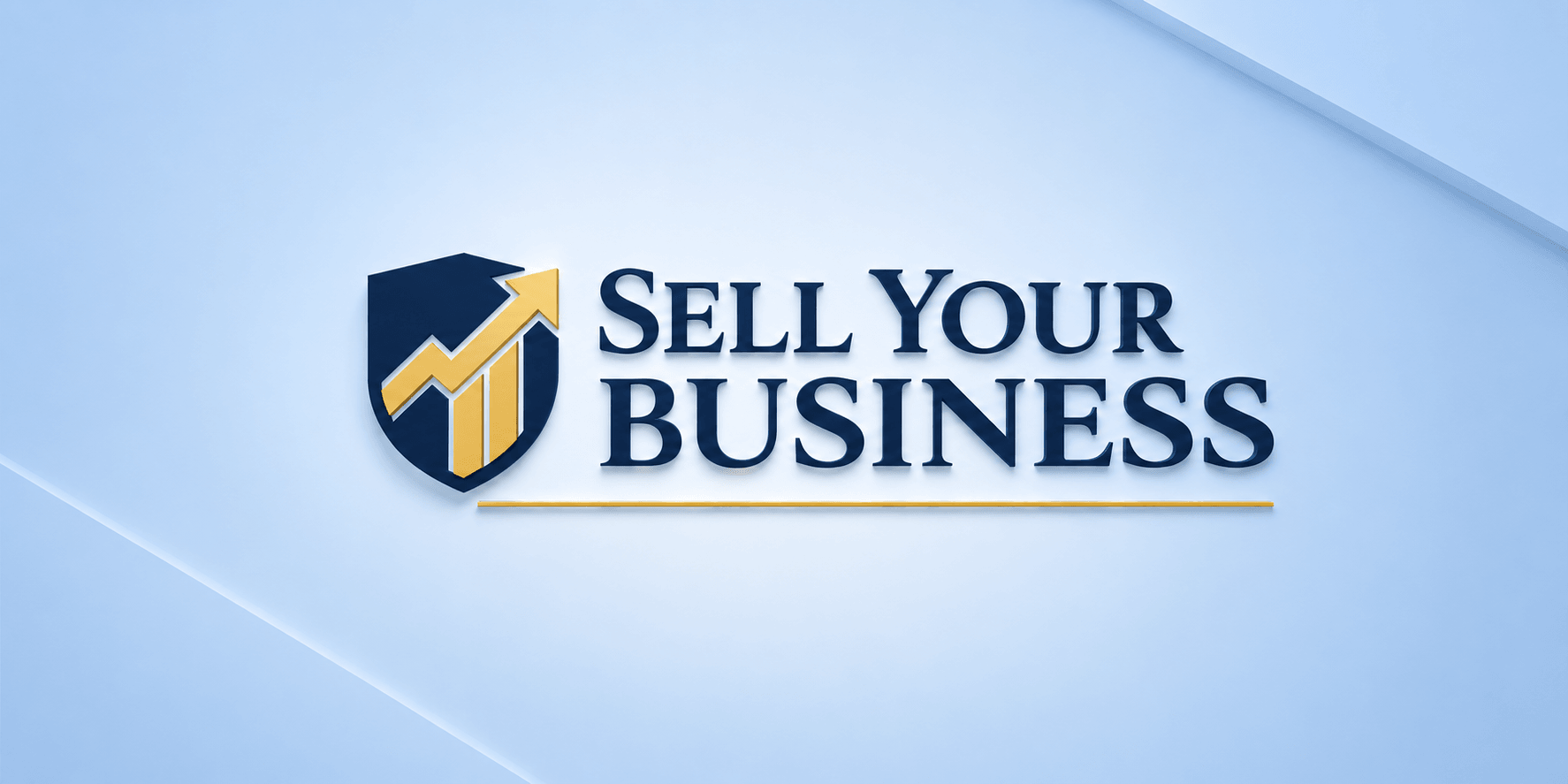 Logo for "Sell Your Business" featuring a shield and upward graph arrow design