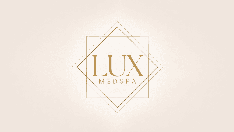 Lux MedSpa logo featuring gold text and geometric design on a light background