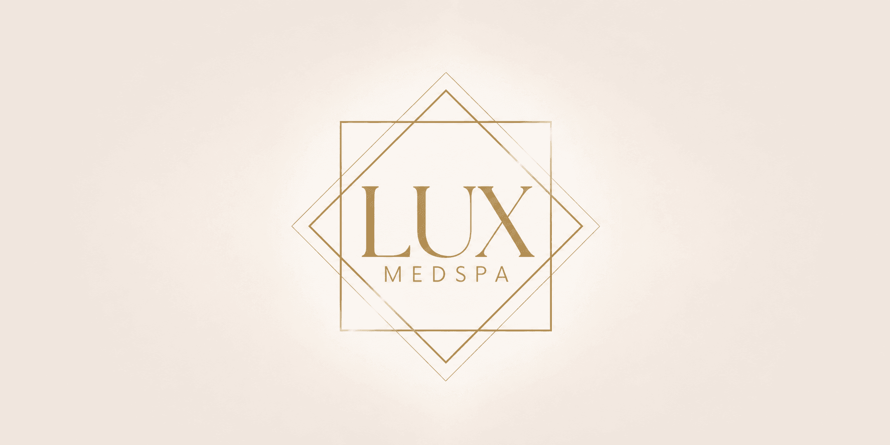Lux MedSpa logo featuring gold text and geometric design on a light background