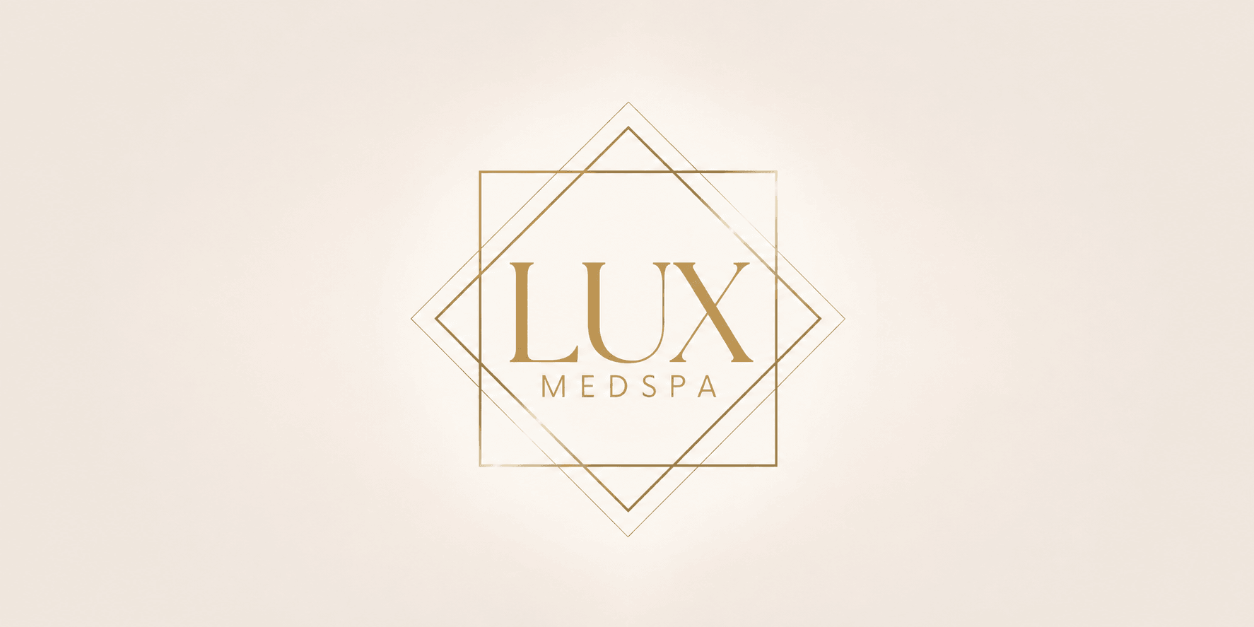 Lux MedSpa logo featuring gold text and geometric design on a light background