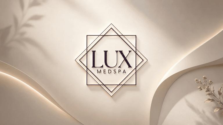 Elegant logo of Lux Medspa on a soft, textured background with geometric design