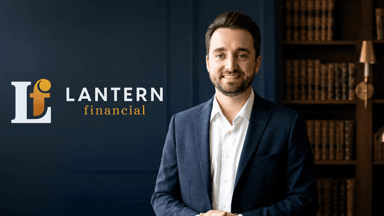 A professional man in a suit stands next to a financial services logo