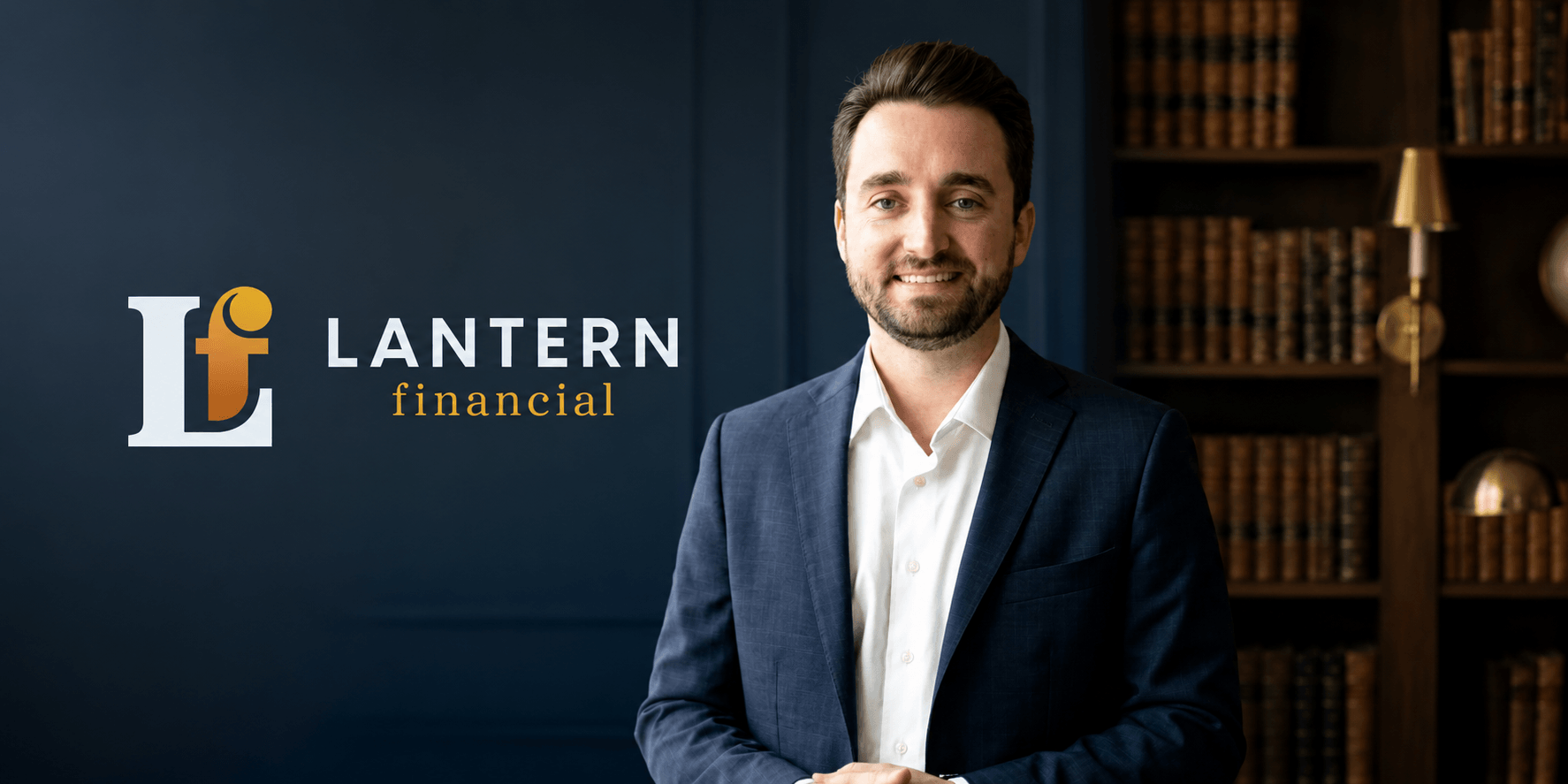 A professional man in a suit stands next to a financial services logo