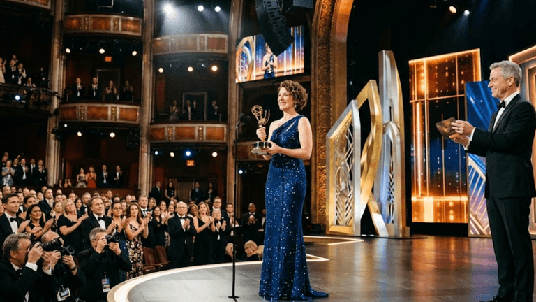 An award recipient in a blue gown stands on stage, holding a trophy amidst applause.