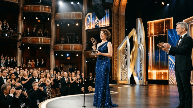 An award recipient in a blue gown stands on stage, holding a trophy amidst applause.