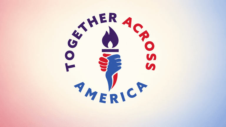 Logo featuring a torch held by two hands with text "Together Across America"