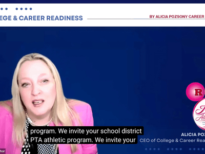 Alicia Pozsony speaking at a College & Career Readiness event with a blue background