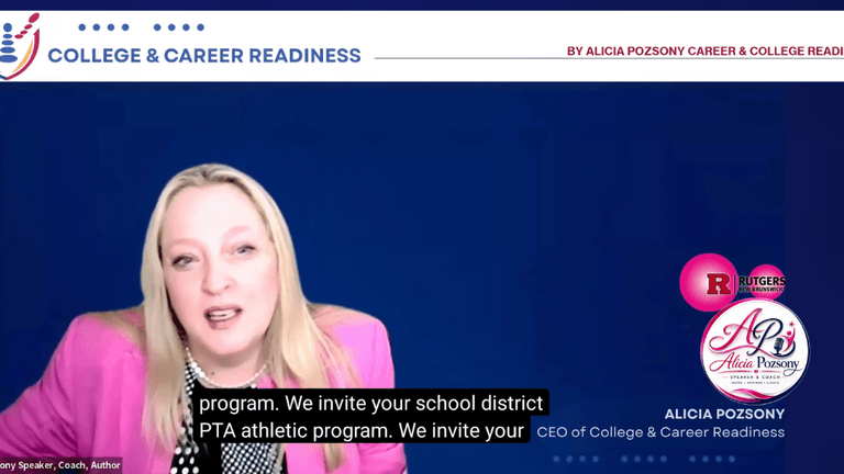Alicia Pozsony speaking at a College & Career Readiness event with a blue background