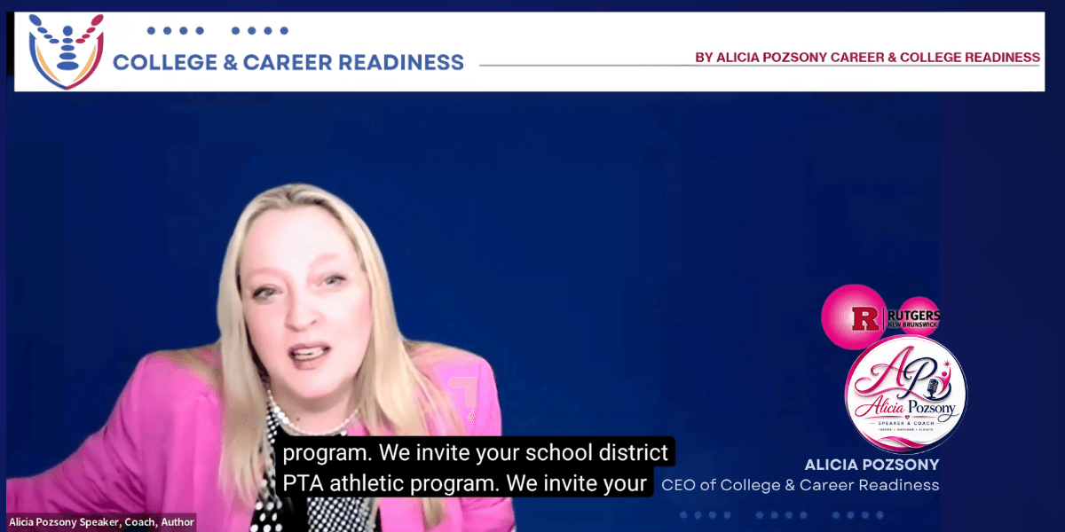 Alicia Pozsony speaking at a College & Career Readiness event with a blue background