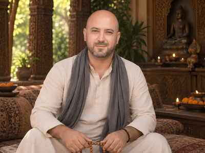 A man in traditional attire sits calmly in a serene, decorated indoor space.