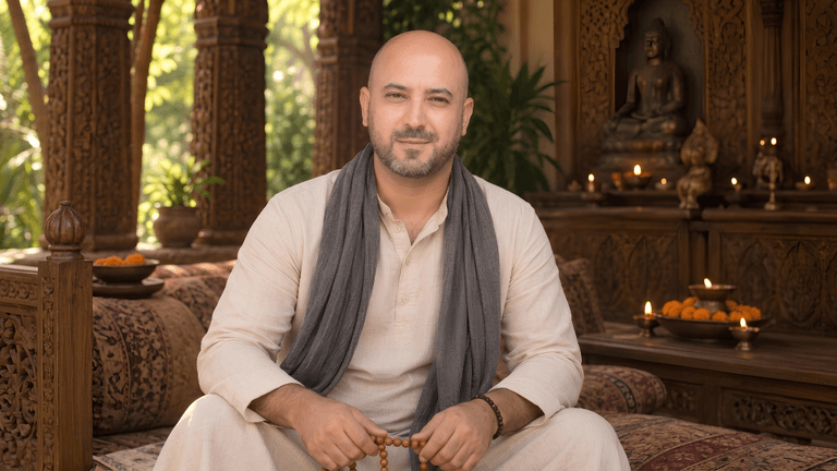 A man in traditional attire sits calmly in a serene, decorated indoor space.