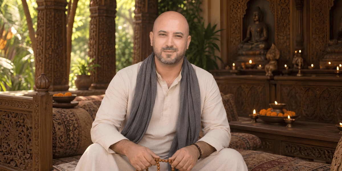 A man in traditional attire sits calmly in a serene, decorated indoor space.