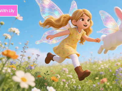 A joyful girl with fairy wings runs through a flower field with a rabbit