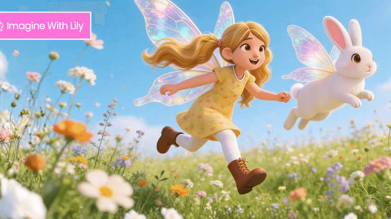 A joyful girl with fairy wings runs through a flower field with a rabbit