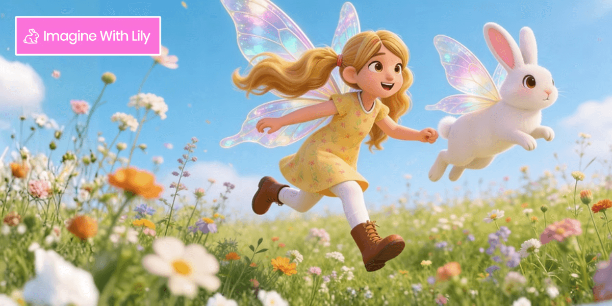 A joyful girl with fairy wings runs through a flower field with a rabbit