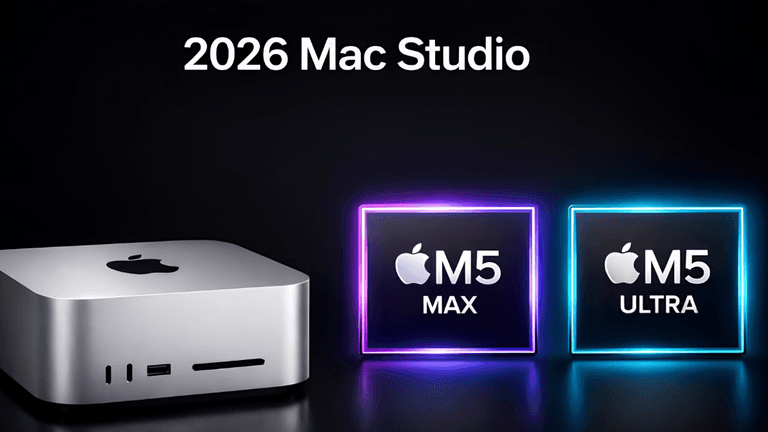 2026 Mac Studio with M5 Max and M5 Ultra chips displayed on a black background