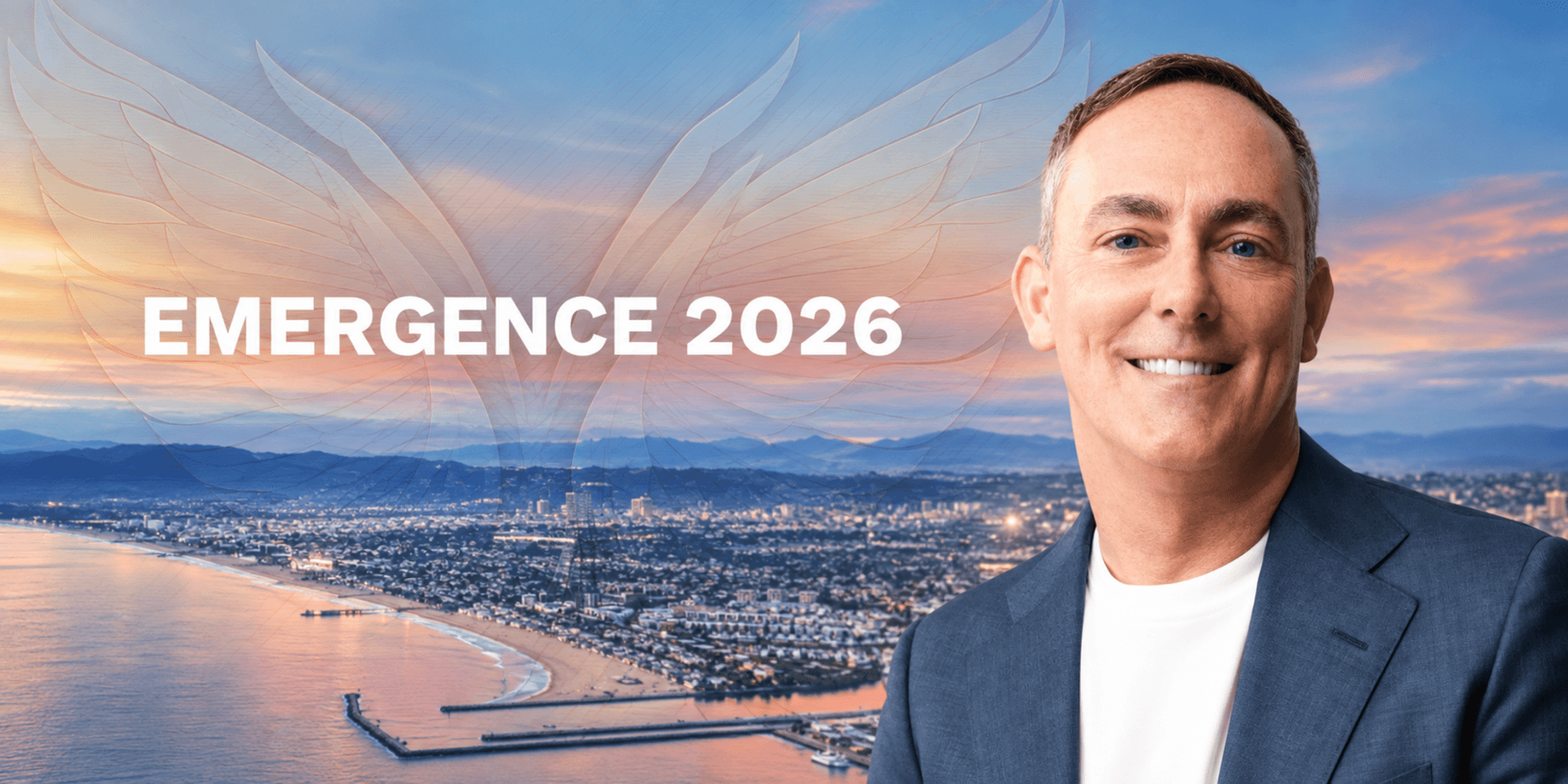 Smiling man in a suit with coastal city skyline and "EMERGENCE 2026" text