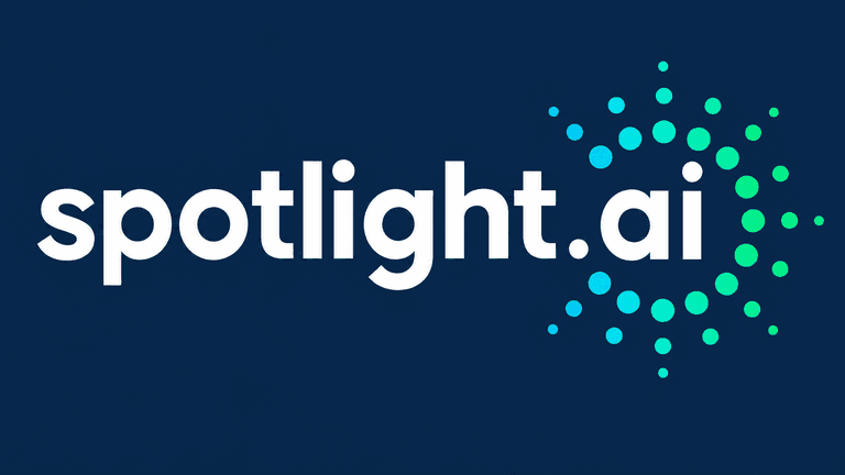 Logo of Spotlight AI with blue background and dotted graphic element