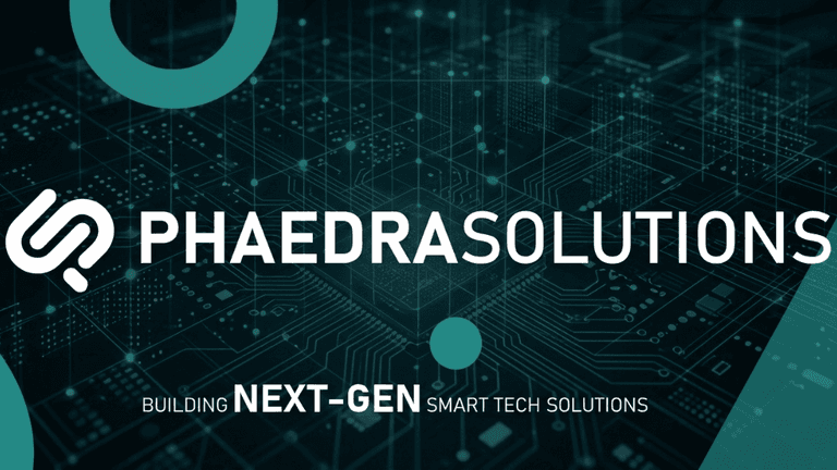Logo of Phaedra Solutions with a tech-inspired background and slogan about smart tech solutions