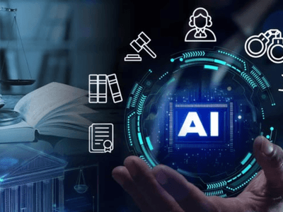 A hand holds a digital sphere with AI, surrounded by legal symbols and icons