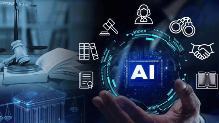 A hand holds a digital sphere with AI, surrounded by legal symbols and icons