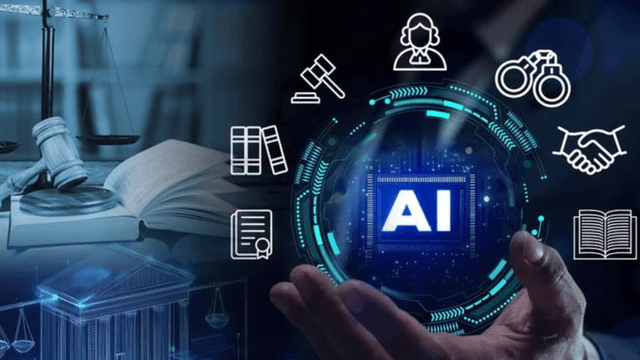 A hand holds a digital sphere with AI, surrounded by legal symbols and icons