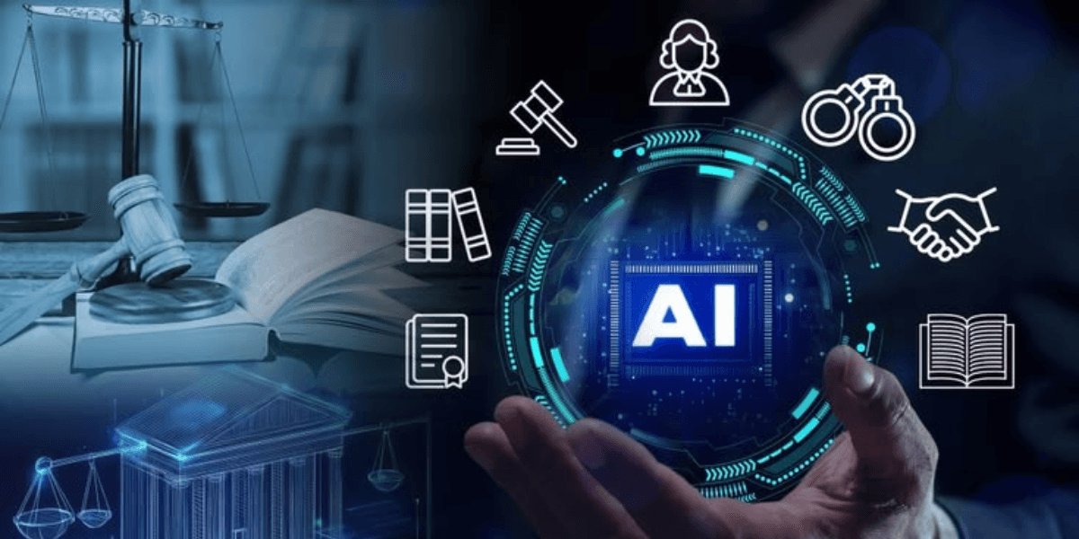 A hand holds a digital sphere with AI, surrounded by legal symbols and icons