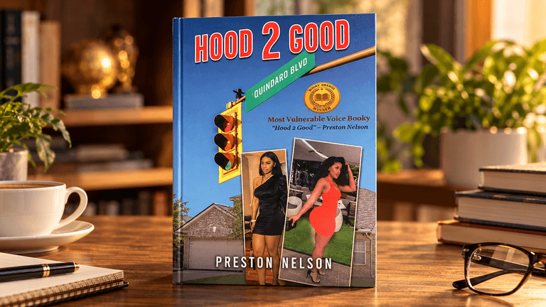 The image shows a book titled "Hood 2 Good" by Preston Nelson on a table.